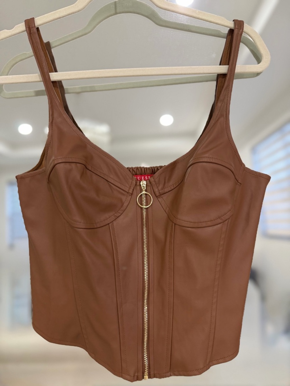 NWT. Guess Chestnut Brown Faux Leather Zip Bustier Women’s Tank size Large